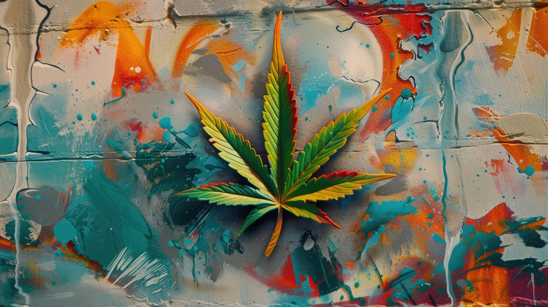 Graffiti-style artwork of a cannabis leaf with a colorful, abstract background.